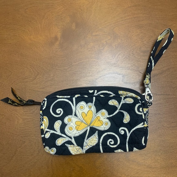 Quilted Black Vera Bradley Wristlet with White/Yellow Floral and Bird Pattern - Picture 2 of 6